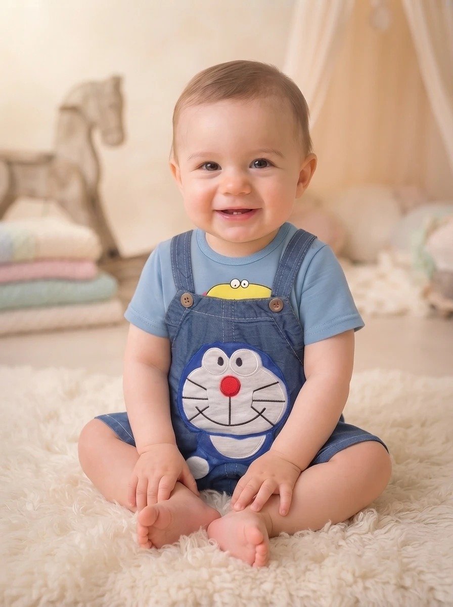 Bebé modelando jardinera de mezclilla Kidsbabys